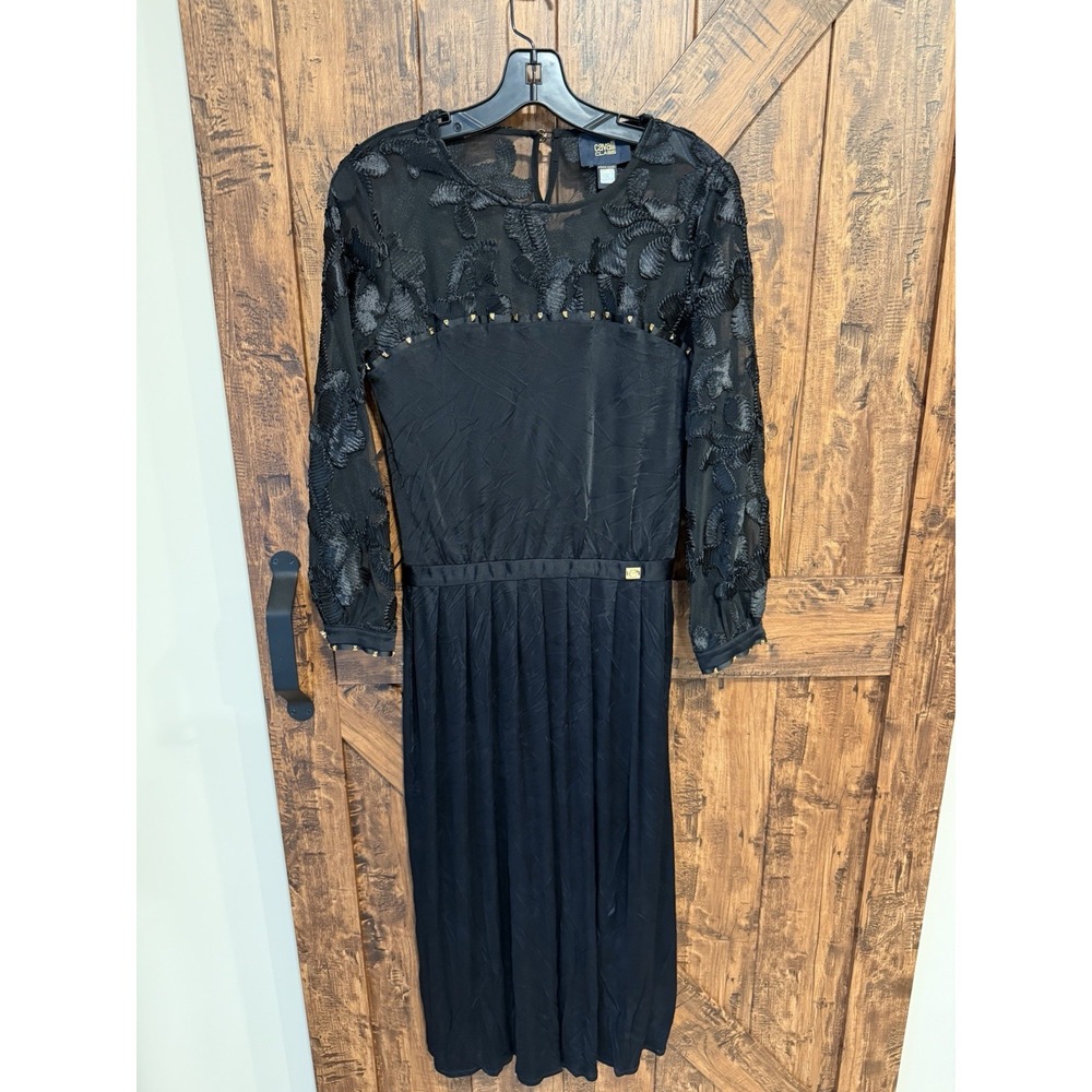 Roberto Cavalli Class Size 6 Black Pleated Dress Gold Studded Floral Sheer Lace